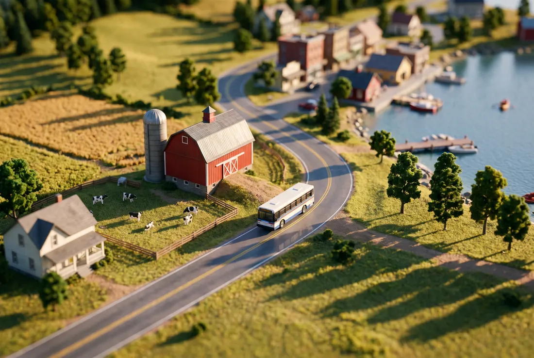 Regional bus on a country road past a red barn