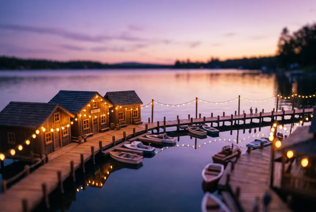 Lakeside boardwalk and small marina at dusk