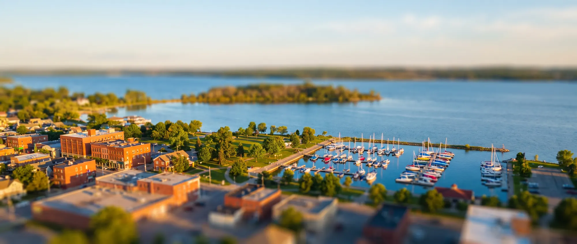 Low wooded island in a calm lake, seen from town