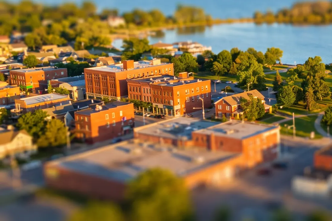 Red-brick town buildings beside a calm lake