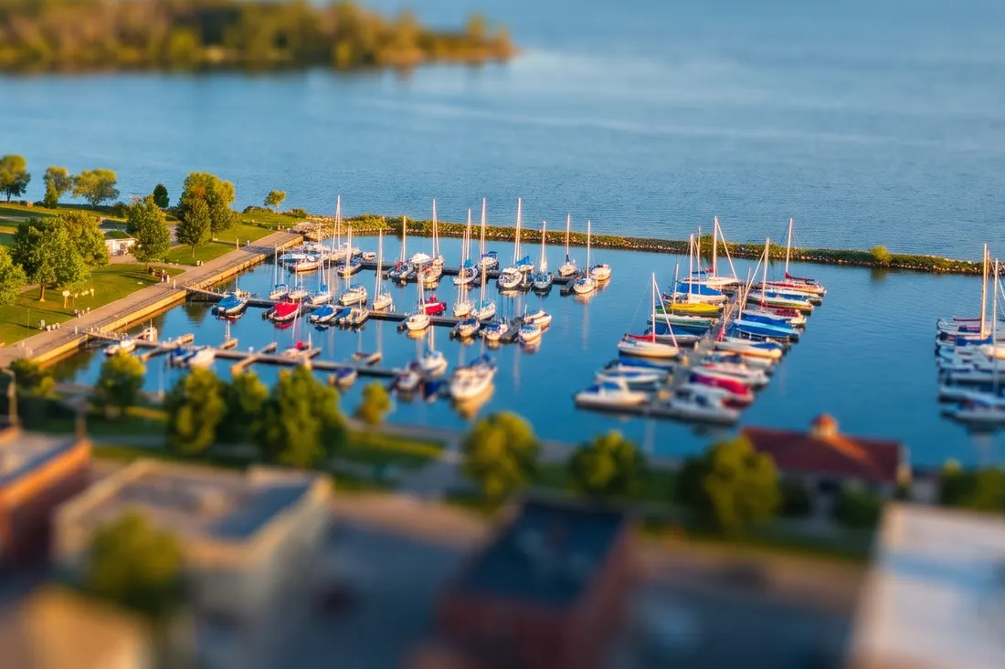 Lakeside park and a marina full of small sailboats