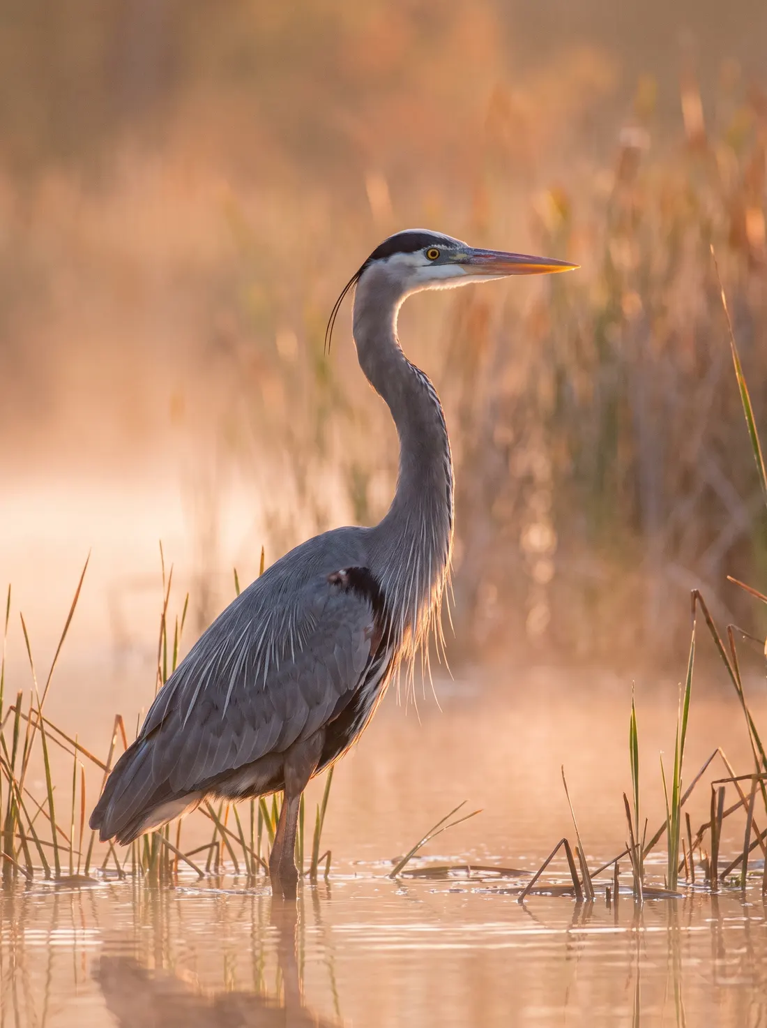 Great blue heron in shallow water at sunrise